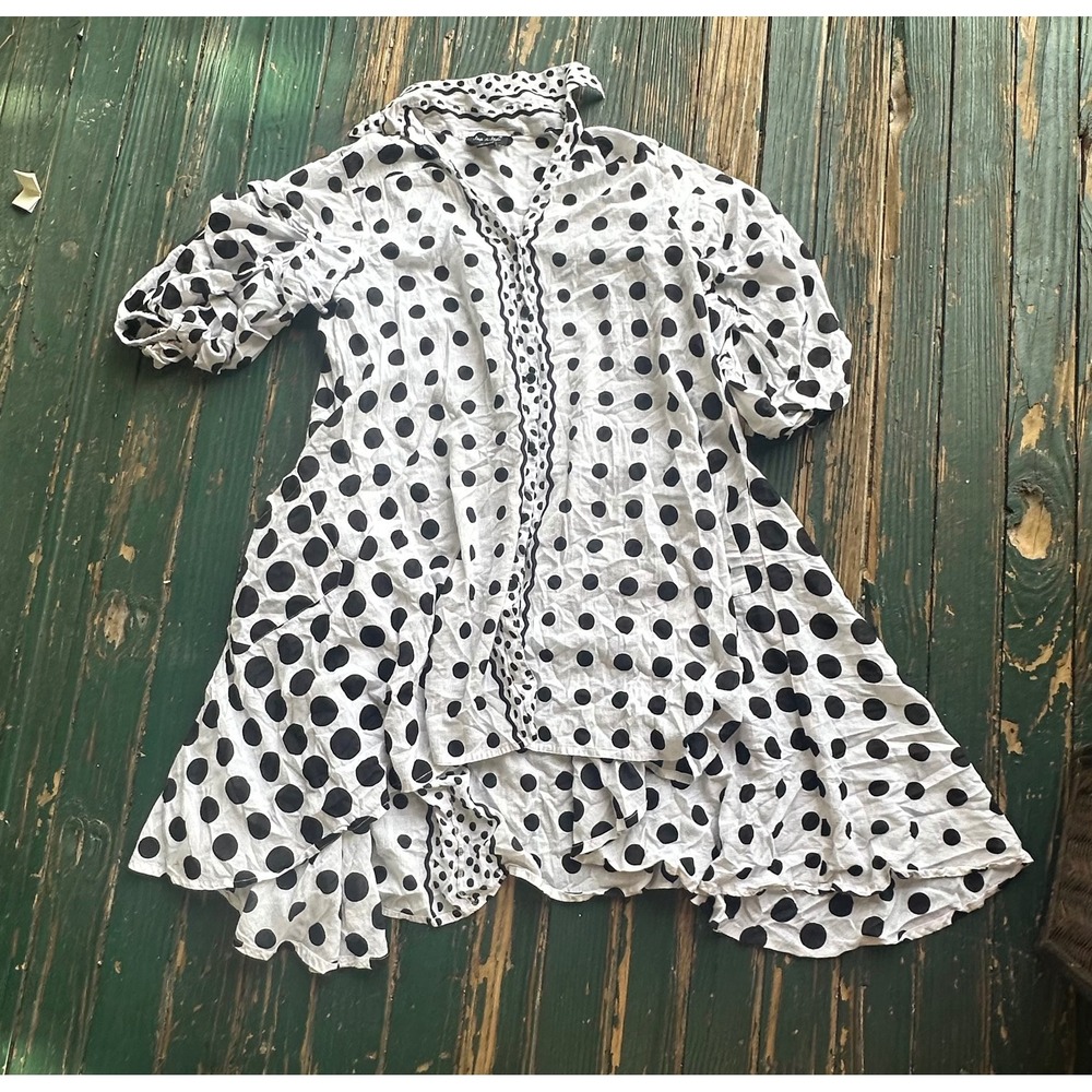 Step In Style Polka Dot Cotton Tunic Top Black White High Low Button Up Medium